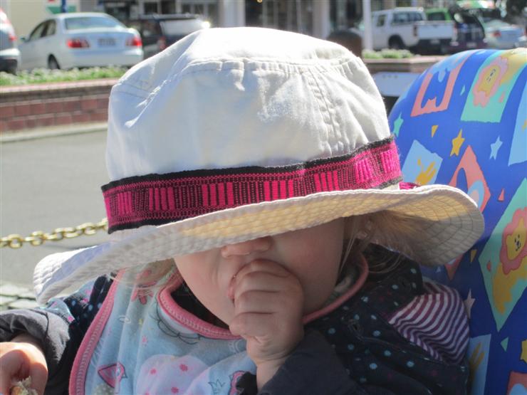 Gabby forgot her sunhat so borrowed mine. Not quite the right fit