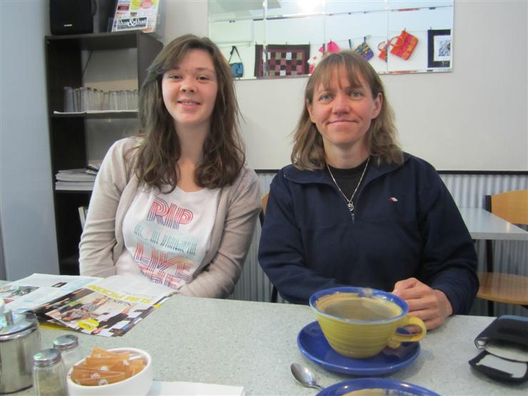 Brunch at the Chantilly Caf in Blenheim. Vic and Rebecca. French toast, bacon and maple syrup tastes better than it sounds