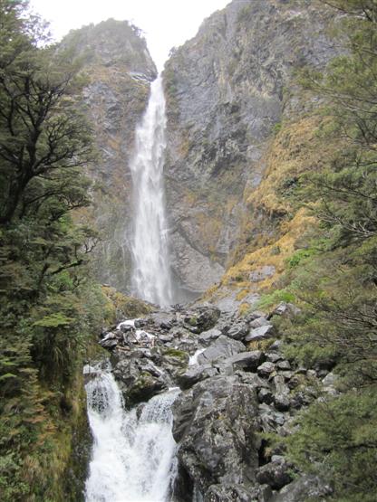 Devil's Punchbowl Falls at Arthur's Pass after a climb up a path and steps