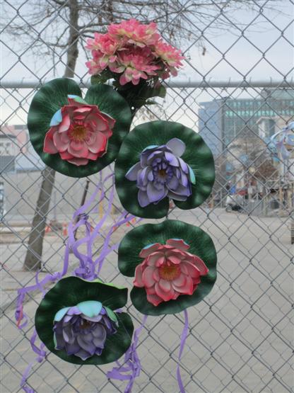 Remembrance flowers at one of the cordons