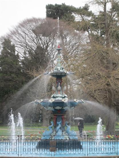 The fountain opposite the Arts Centre which polarises locals'  opinions between cheerful and naff