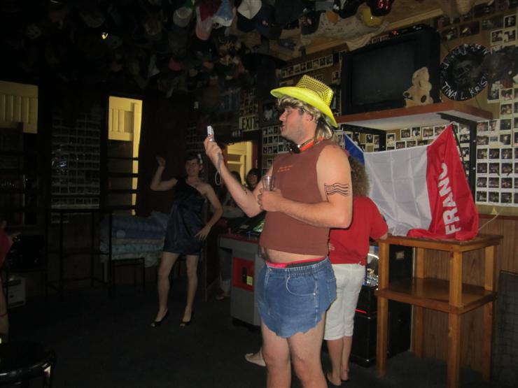 Fancy Dress at the Hotel Mahinapua. The theme was Rugby World Cup countries. Justin as a redneck American. Hayden in the background as a Thai Ladyboy. Maybe he misheard