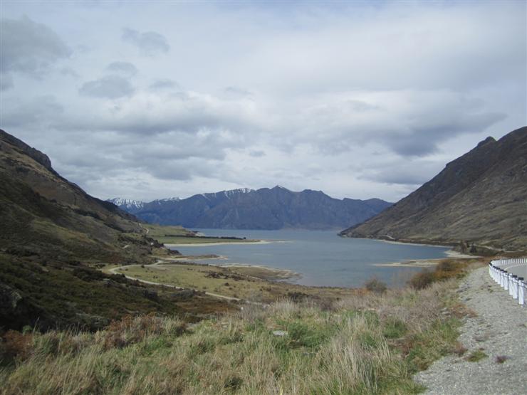 Lake Hawea. On the other side of the thin strip of land on the right, called 